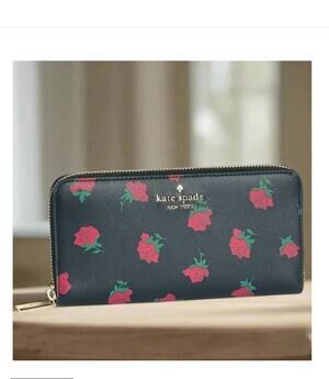 Kate Spade Madison Rose Toss Black Floral Slim Accordion Wallet